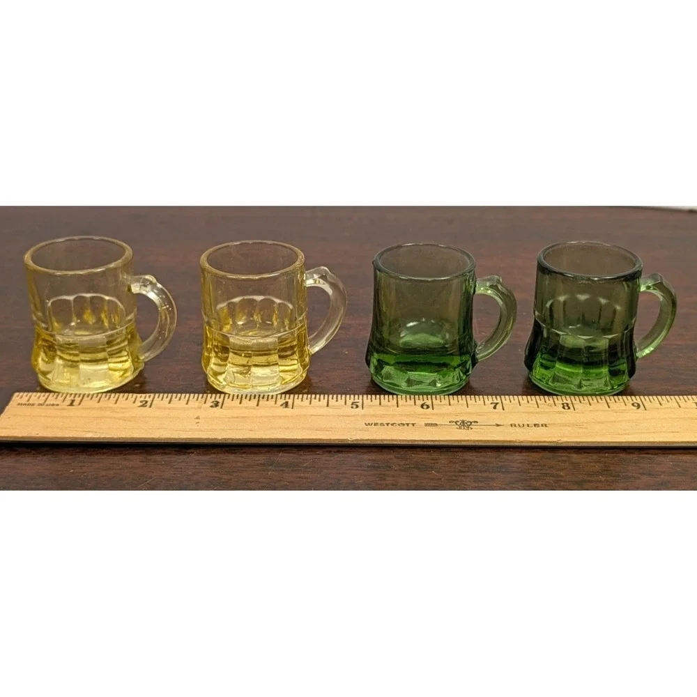Vintage Federal Glass Mini Beer Mug Shot Glasses Set 4 Amber Green MCM Barware